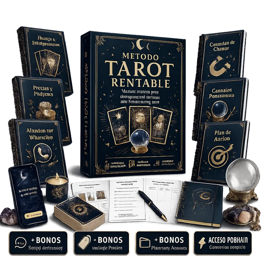 Mockup del Método Tarot Rentable con caja, libro y área de miembros en el celular